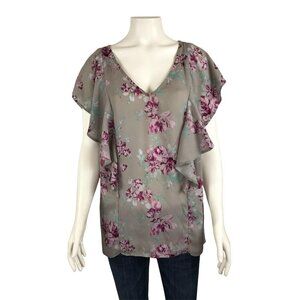Torrid Floral Chiffon Blouse 0 0X Gray Purple Ruffle Shirt